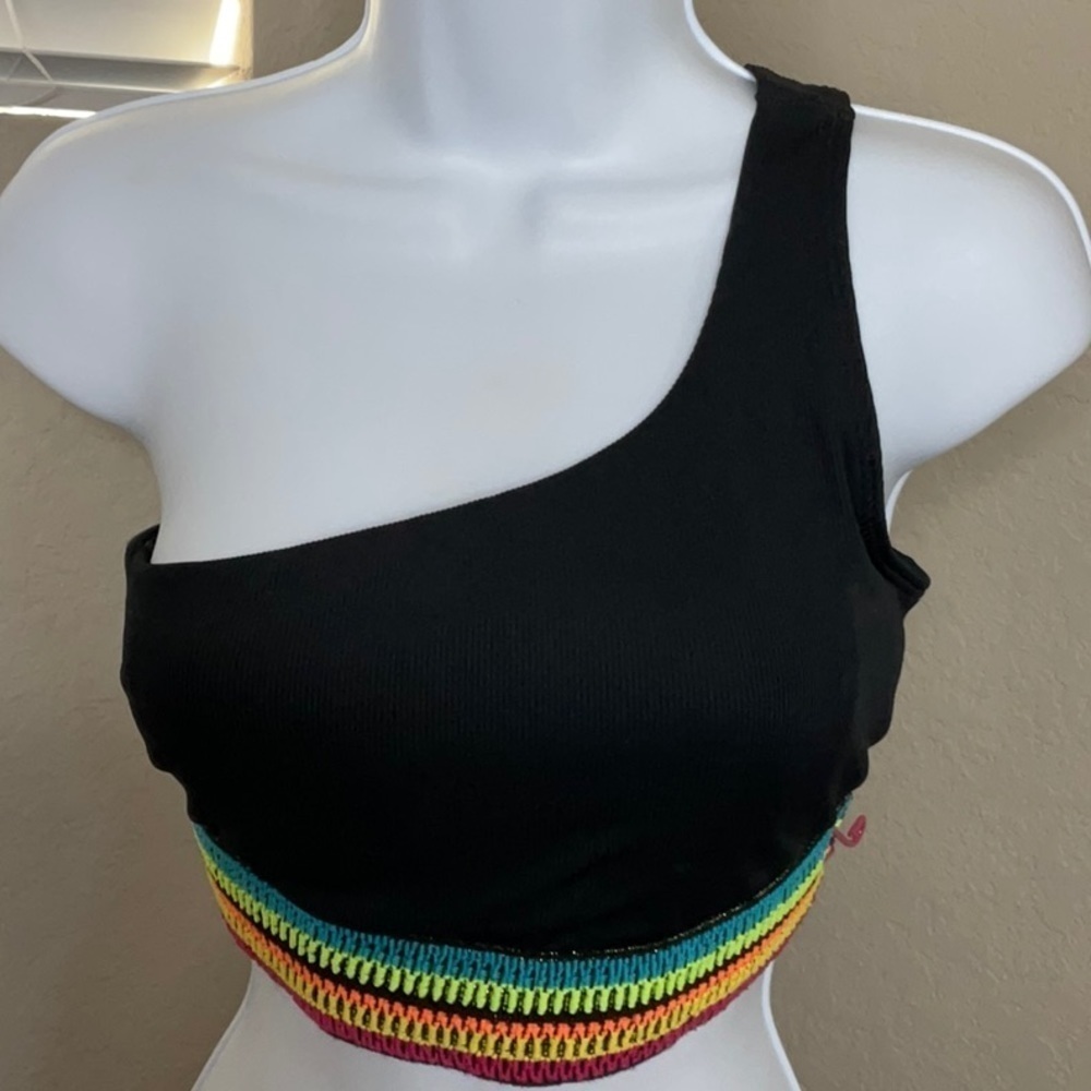 437 - Peixoto NWT Black Rainbow One Shoulder Bikini Top, Size Large